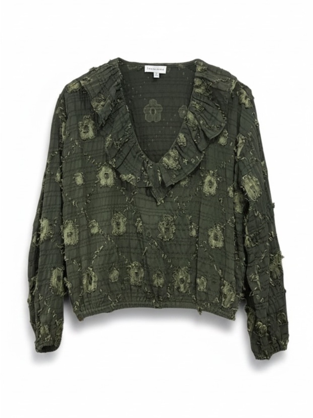 Sage + Fig Green Textured Floral Long Sleeve Ruffle Neck Top Women’s Size Medium - Picture 2 of 11